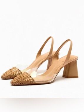 Zara Woven Pointed Toe Slingback Heels in Tan